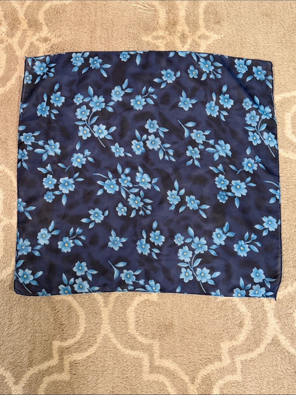 Navy Floral Square Scarf with Blue Blossoms